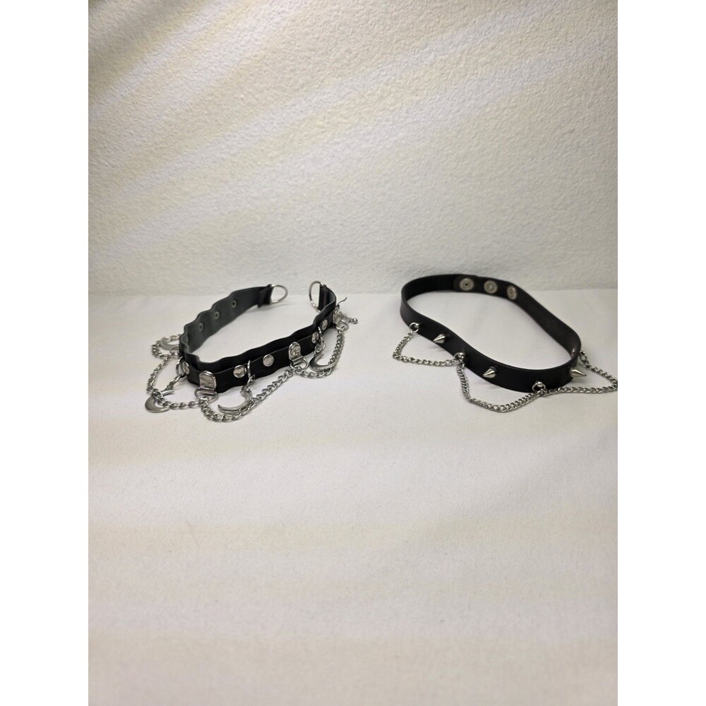 Goth Punk Choker Necklace Set Black Faux Leather Spikes Chains Moon Grunge Emo